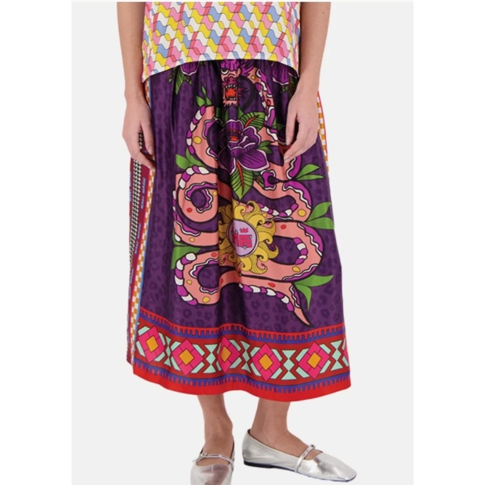 Me369 Midi Skirt XXS Purple Multi Graphic Dragon Snake Make Magic Mixed Print